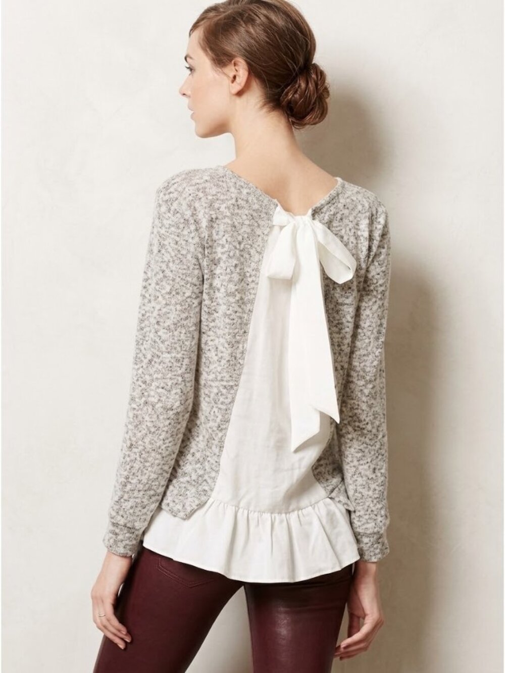 NWT Anthropologie Clu Willoughby Gray Shimmer Knit Bow Back Ruffle Sweater M